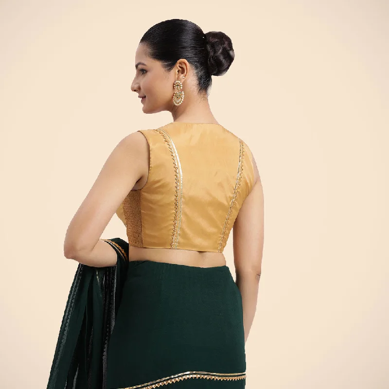 Veena x Tyohaar | Gold Sleeveless FlexiFit™ Saree Blouse with Front Open Closed Neckline with Slit and Golden Gota Lace