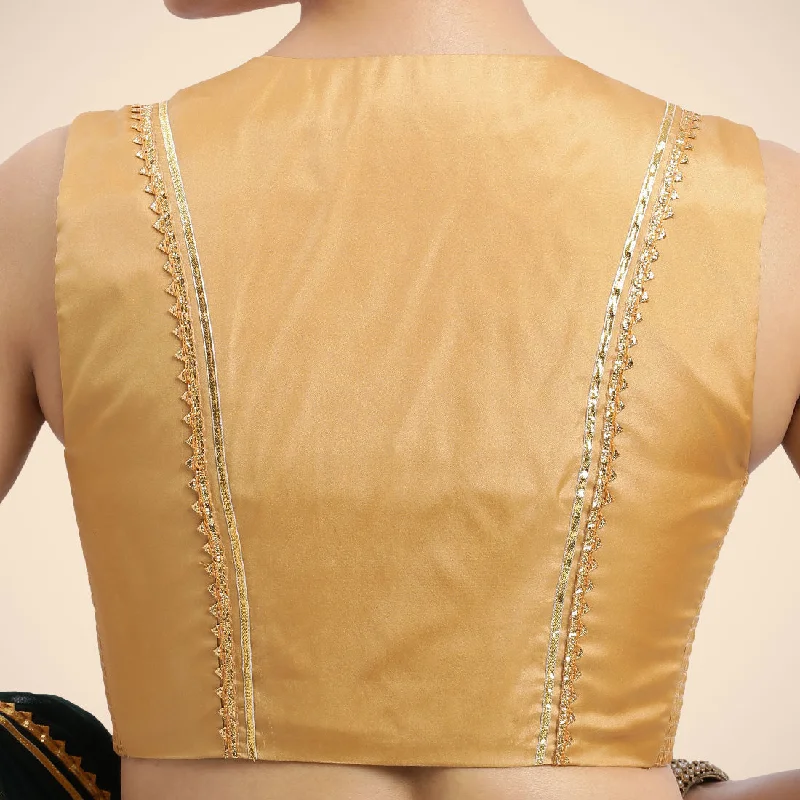 Veena x Tyohaar | Gold Sleeveless FlexiFit™ Saree Blouse with Front Open Closed Neckline with Slit and Golden Gota Lace