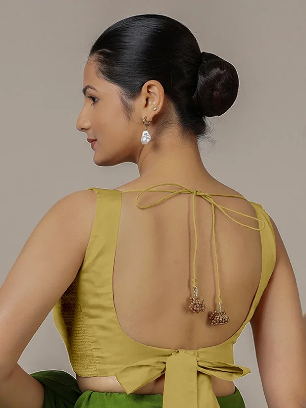 Raisa x Rozaana | Lemon Yellow Sleeveless FlexiFit™ Saree Blouse with Simple V Neckline and Back Cut-out with Tie-Up