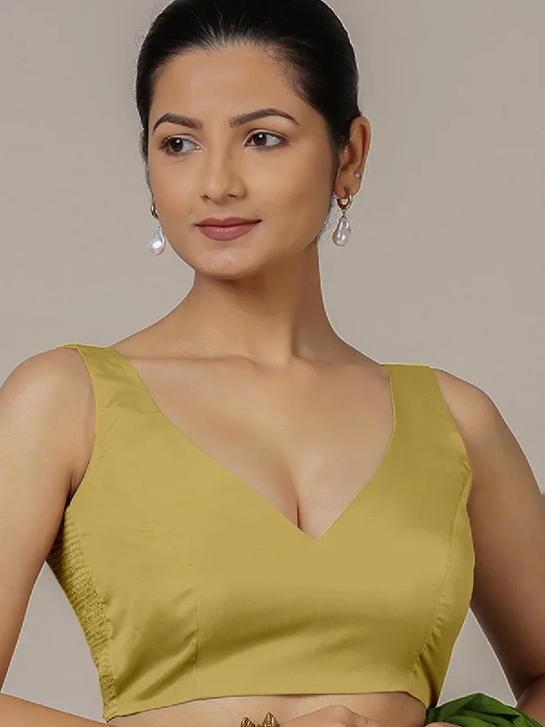 Raisa x Rozaana | Lemon Yellow Sleeveless FlexiFit™ Saree Blouse with Simple V Neckline and Back Cut-out with Tie-Up