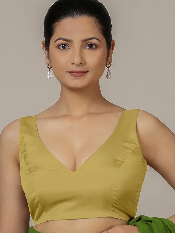 Raisa x Rozaana | Lemon Yellow Sleeveless FlexiFit™ Saree Blouse with Simple V Neckline and Back Cut-out with Tie-Up