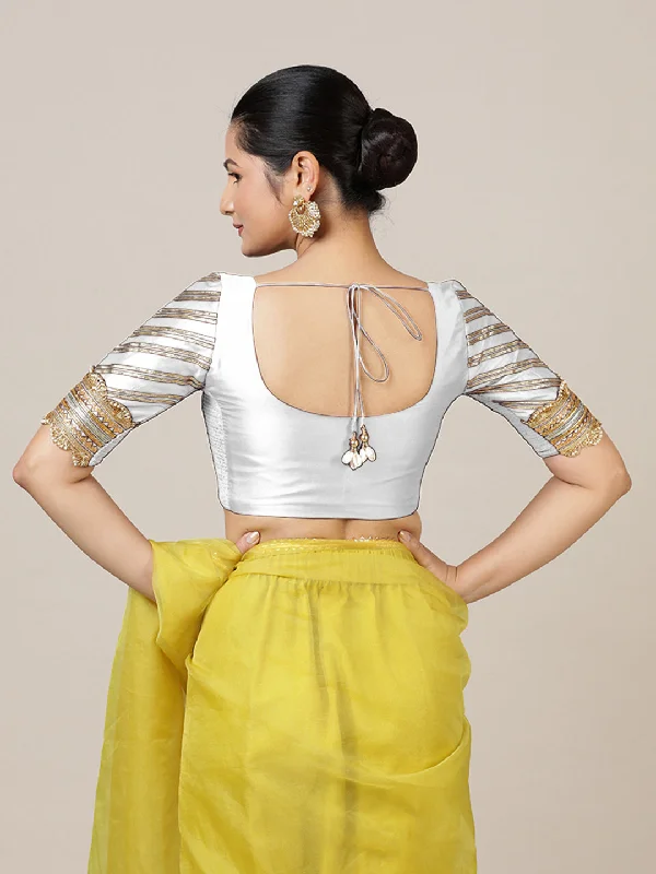 Anisha x Tyohaar | Elbow Sleeves Saree Blouse in Pearl White