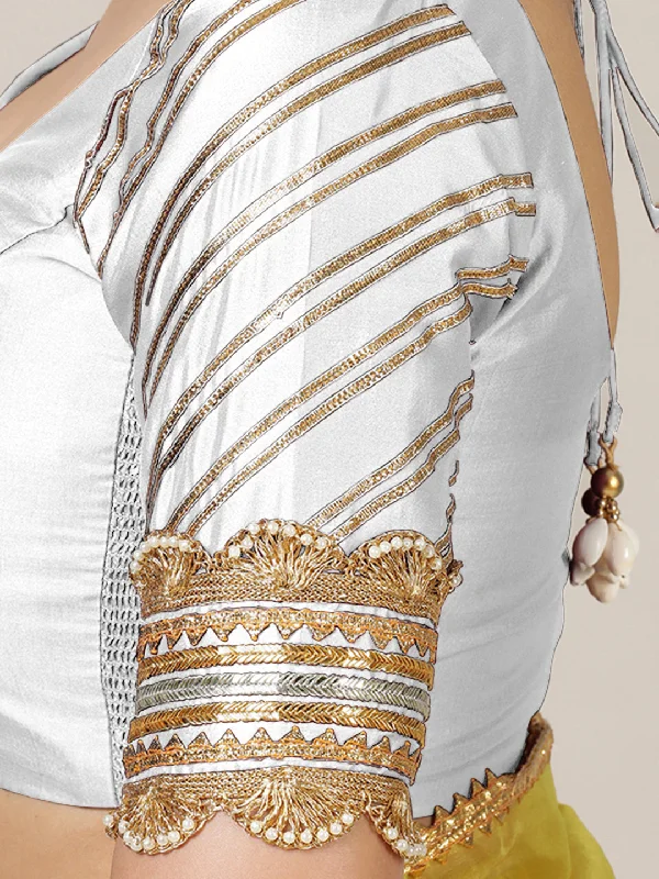 Anisha x Tyohaar | Elbow Sleeves Saree Blouse in Pearl White