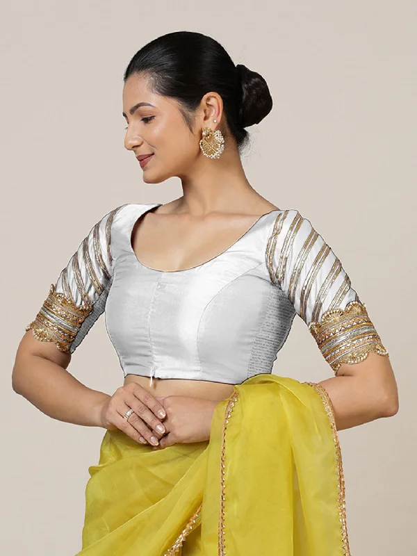 Anisha x Tyohaar | Elbow Sleeves Saree Blouse in Pearl White