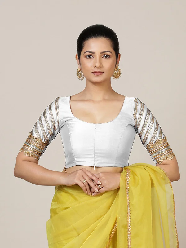 Anisha x Tyohaar | Elbow Sleeves Saree Blouse in Pearl White