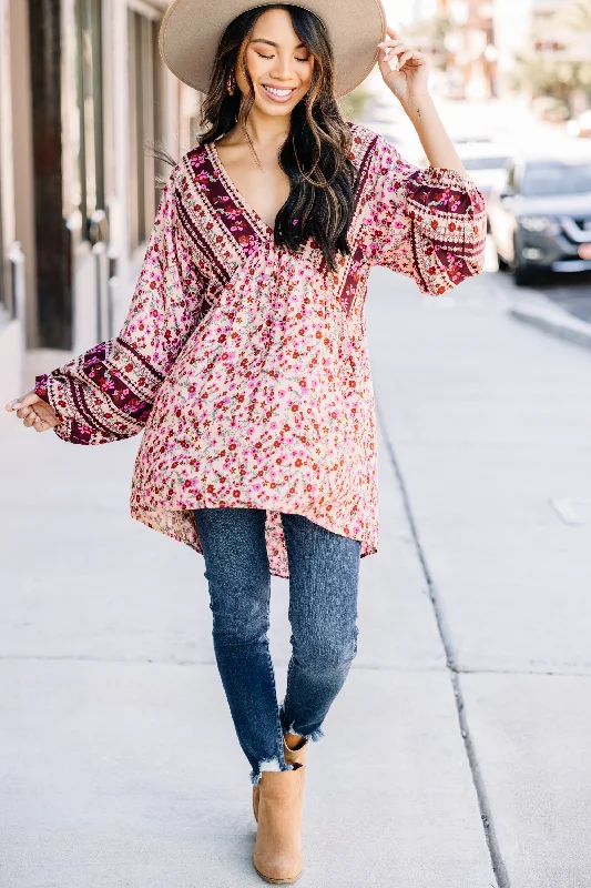 Searching For Joy Wine Red Mixed Print Tunic