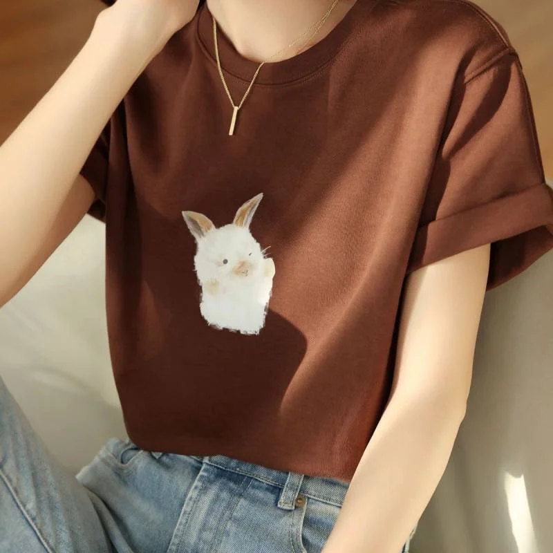 Short Sleeve Shift Cartoon Cotton Shirts & Tops