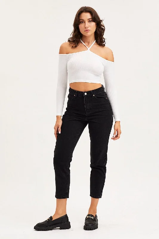 White Jersey Crop Top Long Sleeve Halter Neck