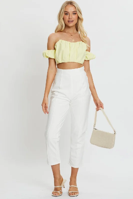 Yellow Crop Top Short Sleeve Off Shoulder