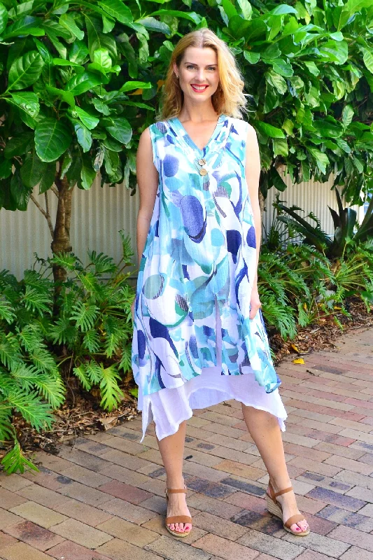 Abstract Aqua Tones Sleeveless Tunic Dress