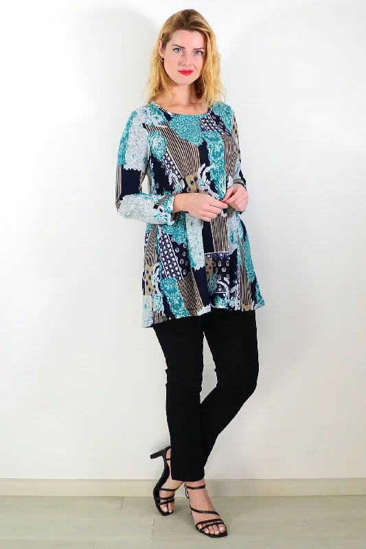 Aqua Mustard Abstract Print Fleece Tunic Top