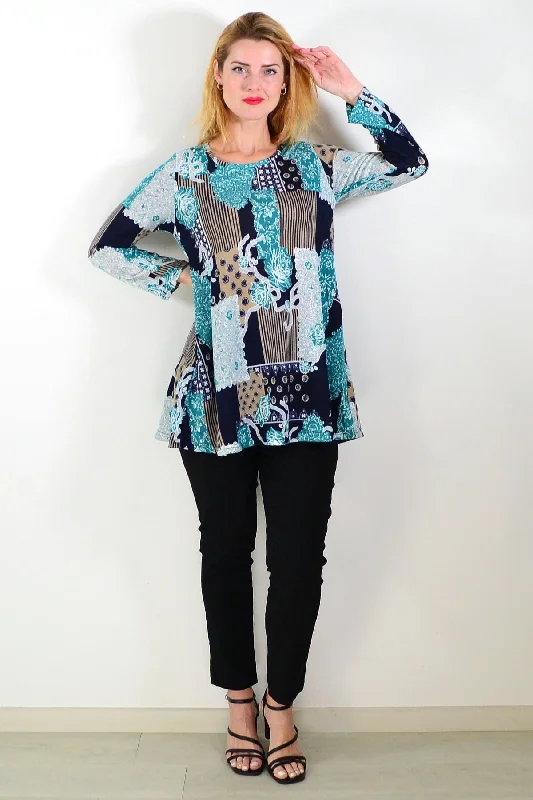 Aqua Mustard Abstract Print Fleece Tunic Top