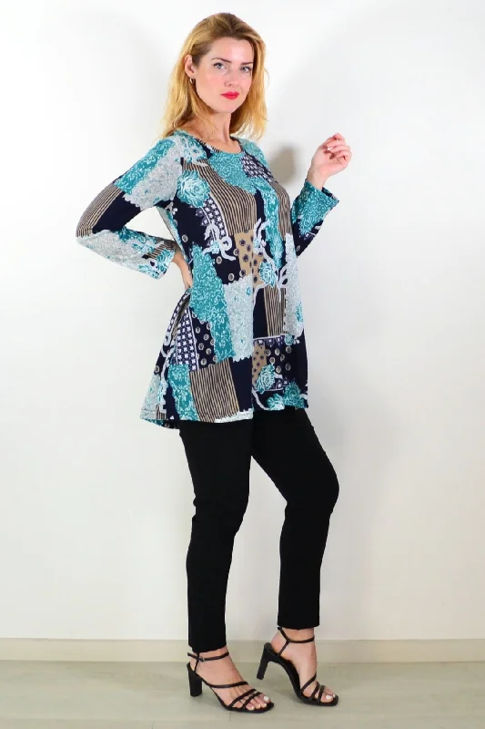 Aqua Mustard Abstract Print Fleece Tunic Top