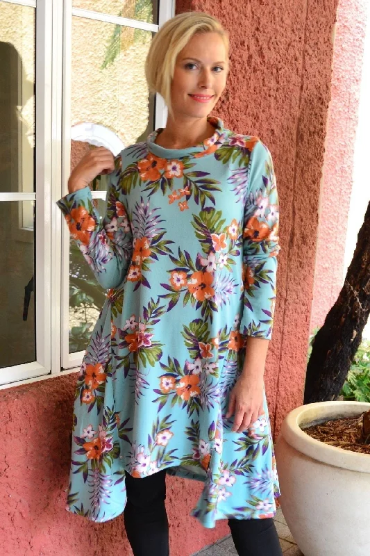 Aqua Orange Hibiscus Fleece Tunic Dress