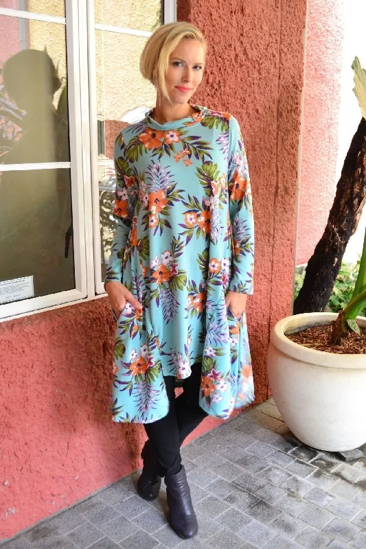 Aqua Orange Hibiscus Fleece Tunic Dress