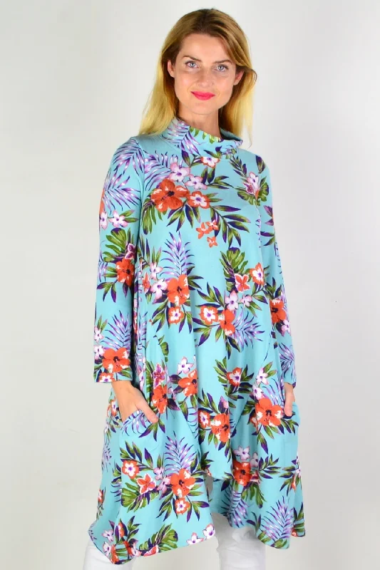 Aqua Orange Hibiscus Fleece Tunic Dress