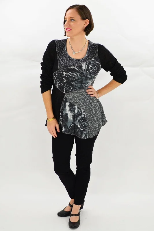 Black Grey Rose Tunic Top