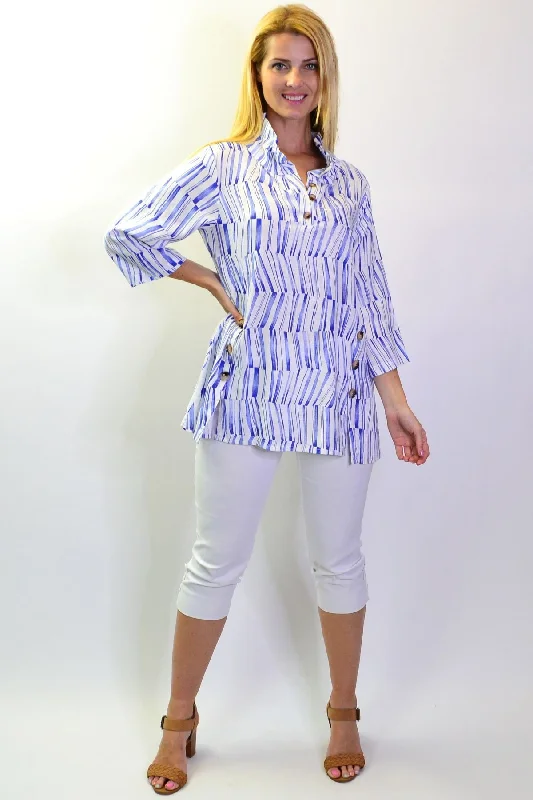 Blue Stripes High Collar Tunic Shirt