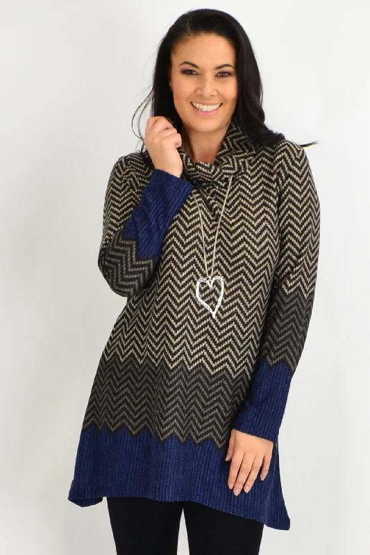 Blue Zig Zag Roll Neck Winter Tunic