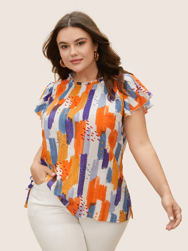 Brush Print Split Side Cap Sleeve Blouse