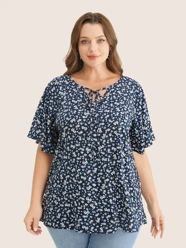 Ditsy Floral Ruffle Sleeve Tie Neck Blouse