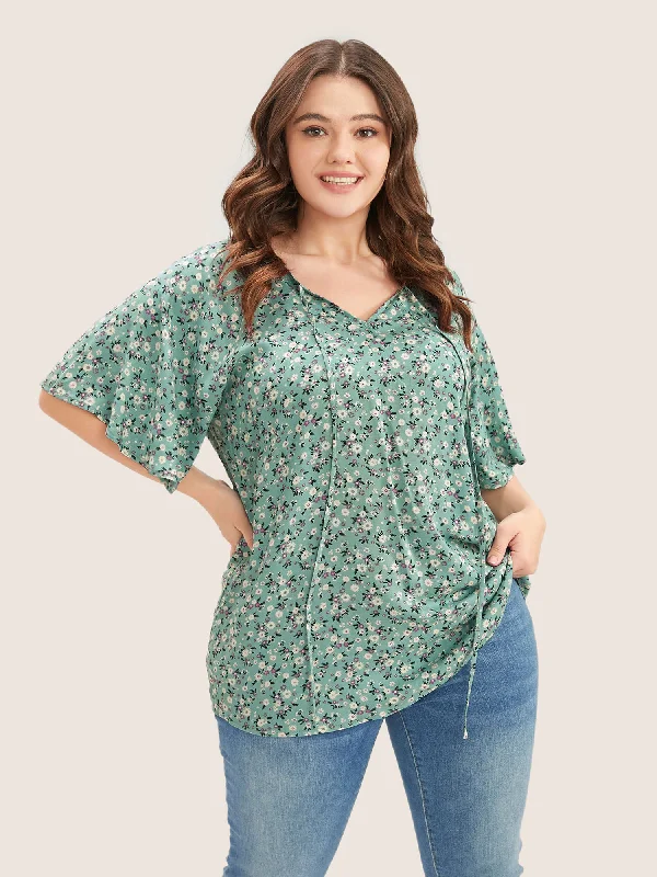 Ditsy Floral Ruffle Sleeve Tie Neck Blouse