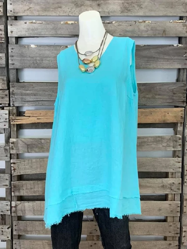 FBT918 FRAYED EDGE TANK TOP-Aqua