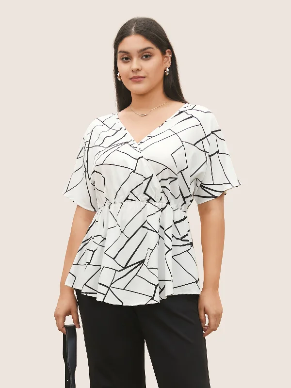 Geometric Overlap Collar Ruffle Sleeve Blouse