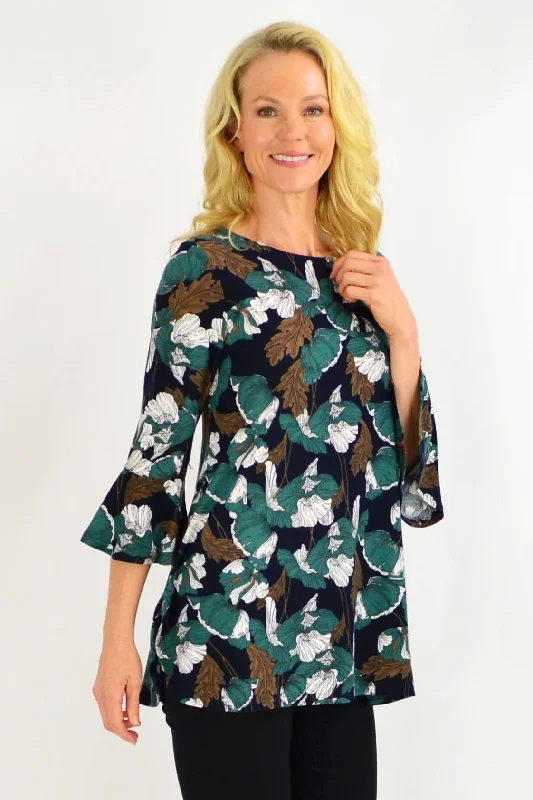 Green Floral Boat Neck Tunic Top