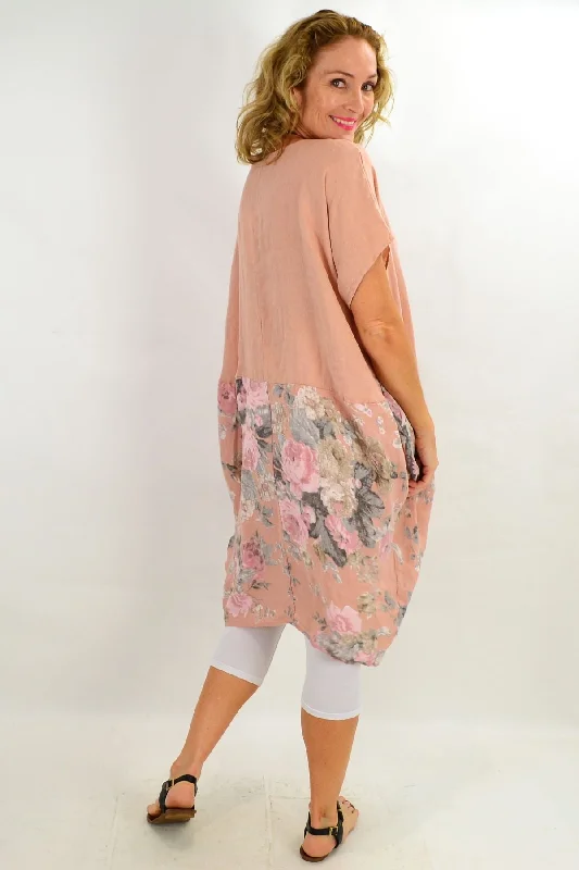 Light Salmon Bouquet Short Sleeve Linen Dress