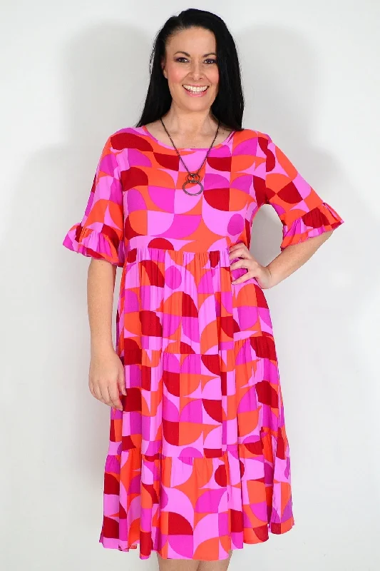 Orange Purple Geometric Midi Dress