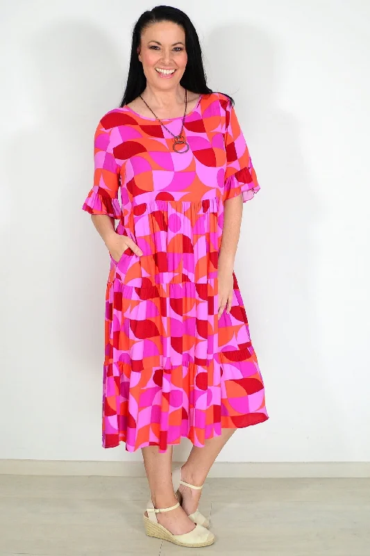 Orange Purple Geometric Midi Dress