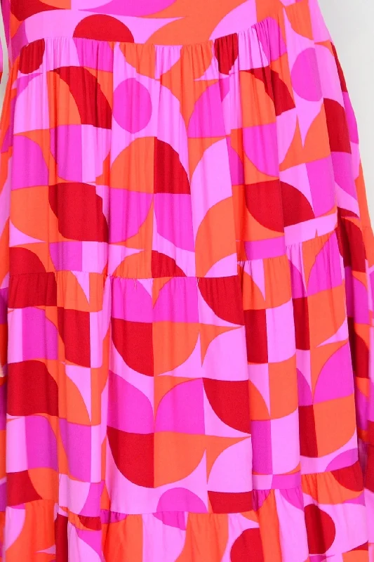 Orange Purple Geometric Midi Dress