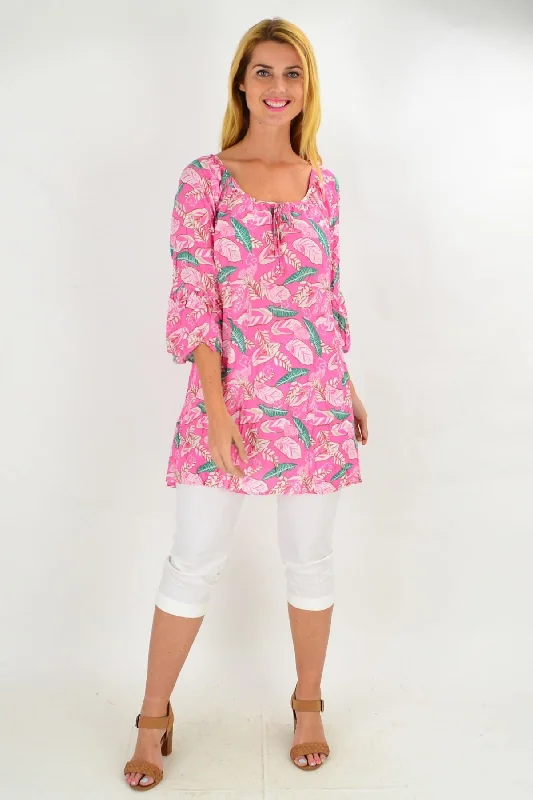 Pink Floaty Leaf Crinkle Tunic Top