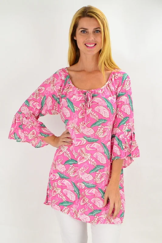 Pink Floaty Leaf Crinkle Tunic Top