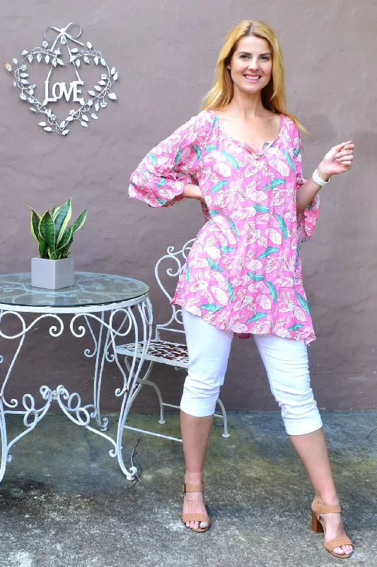 Pink Floaty Leaf Crinkle Tunic Top