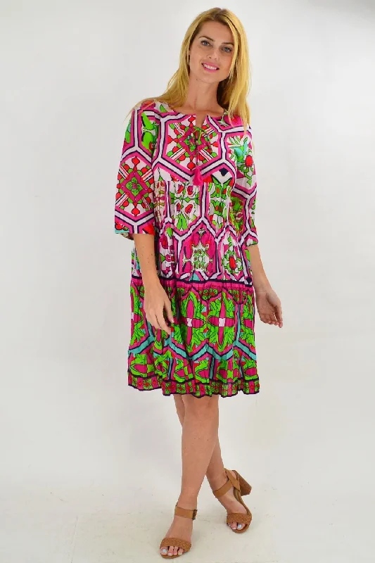 Pink Mosaic Tie Neck Tunic Dress