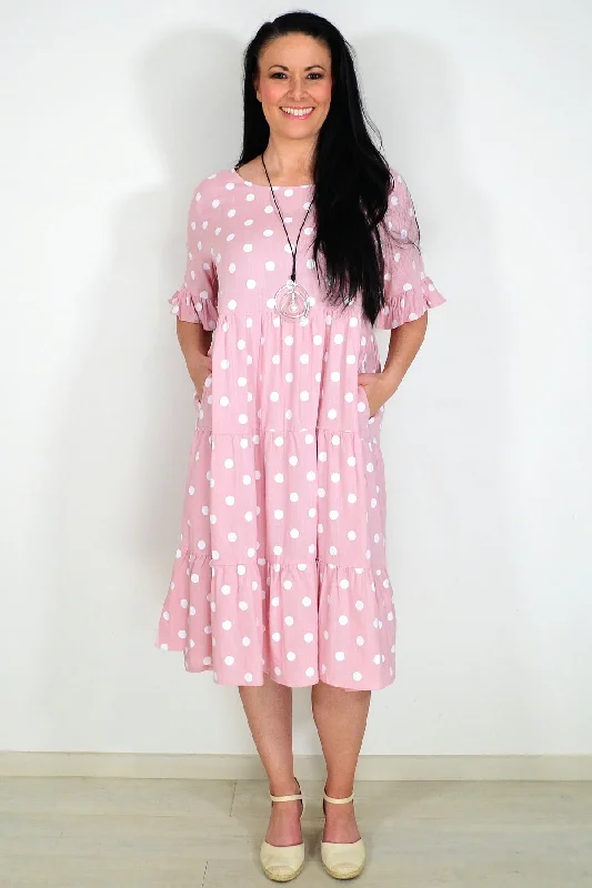 White Spots Pink Tiered Tunic Dress