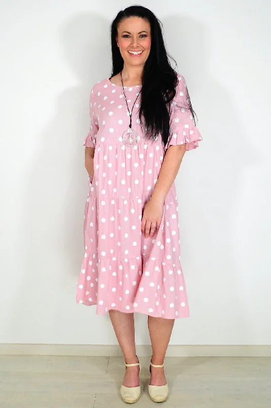 White Spots Pink Tiered Tunic Dress