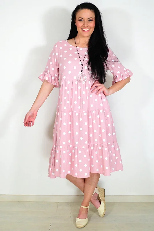 White Spots Pink Tiered Tunic Dress