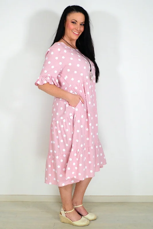 White Spots Pink Tiered Tunic Dress