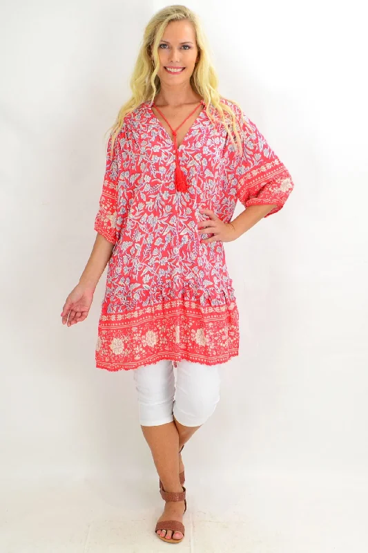 Red Floral Frill Tunic Top