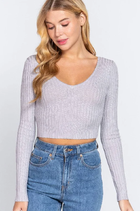 Ribbed Long Sleeve V-Neck Crop Sweater