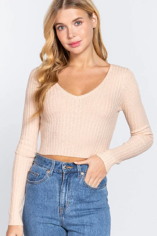 Ribbed Long Sleeve V-Neck Crop Sweater