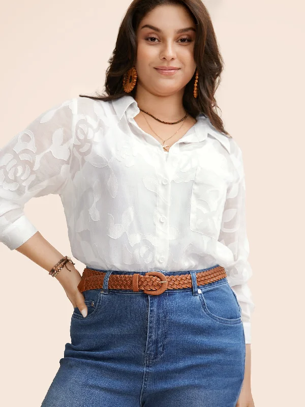 Shirt Collar Floral Mesh Blouse