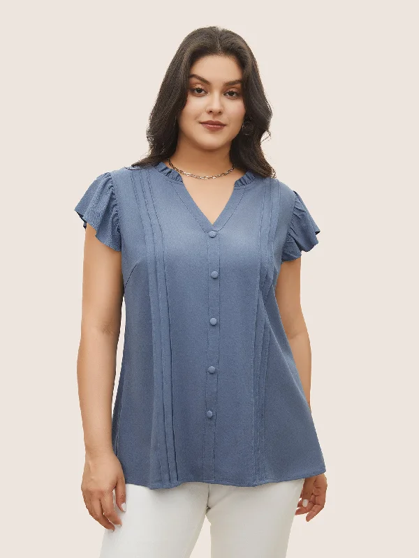 Stretchy Woven Pleated Button Detail Cap Sleeve Blouse