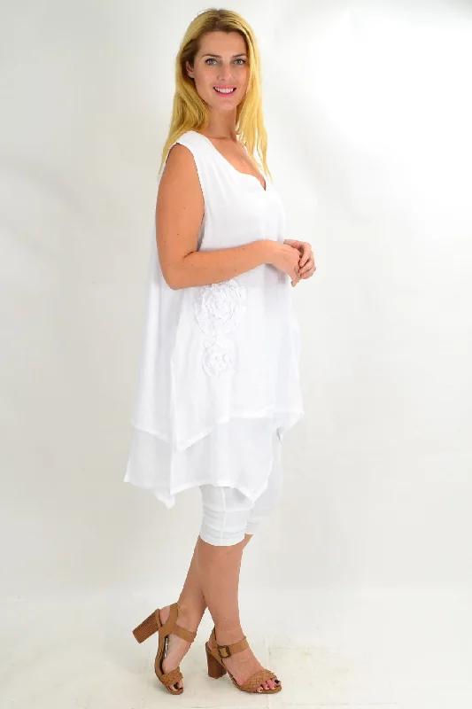 White Applique Sleeveless Tunic Top