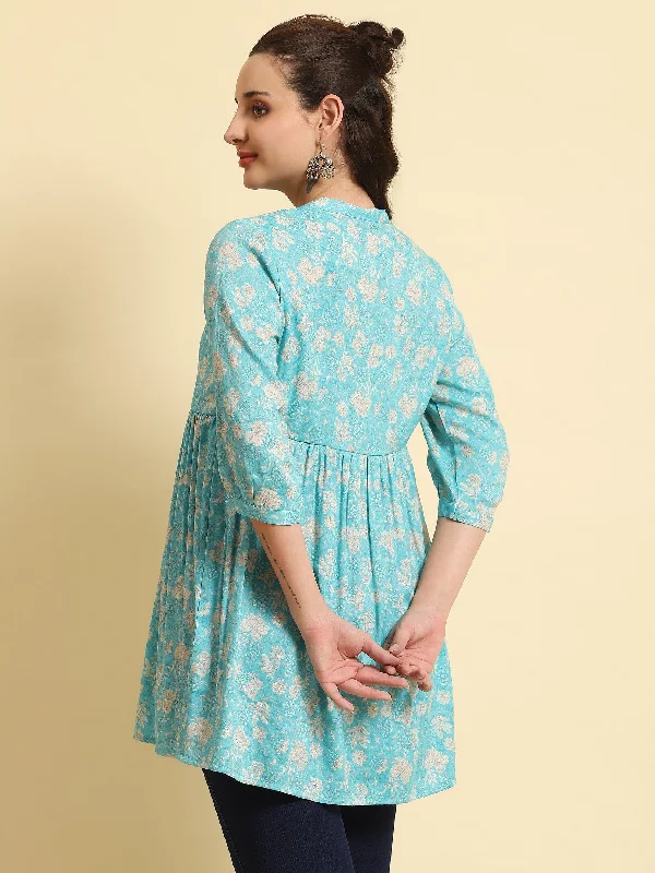 Women Sky Blue Floral Printed Tunic