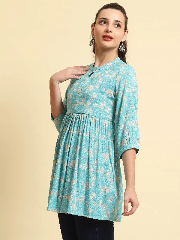 Women Sky Blue Floral Printed Tunic