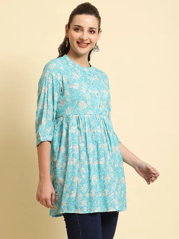 Women Sky Blue Floral Printed Tunic